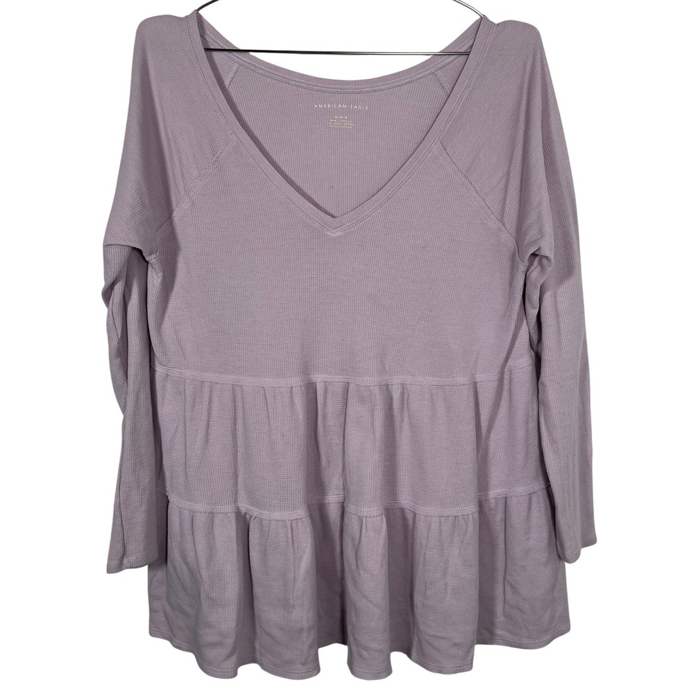Boho Lavender Babydoll Top Waffle Knit Peplum Long Sleeve Medium American Eagle